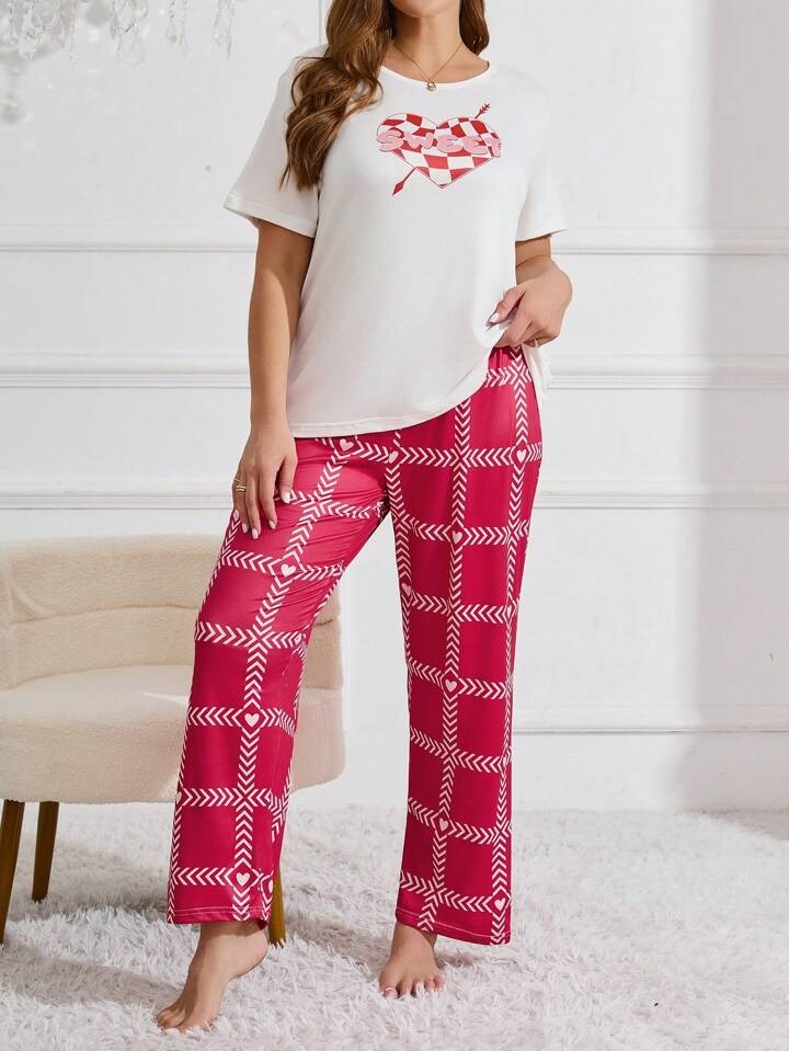 Heart Letter Arrow Print Pajama Set white with pink nightwear for women