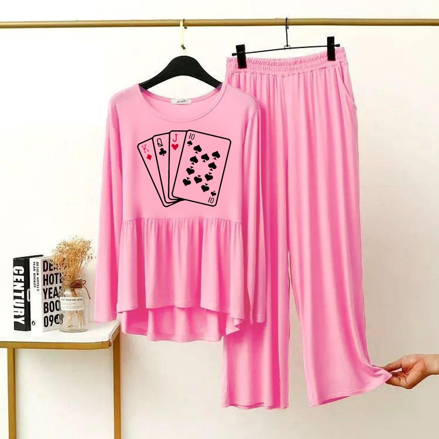 Pink Frock Full sleeve Plazzo Style night Dress PJ Set Paying Card Printed Dress (KQJ10)