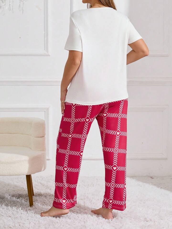 Heart Letter Arrow Print Pajama Set white with pink nightwear for women