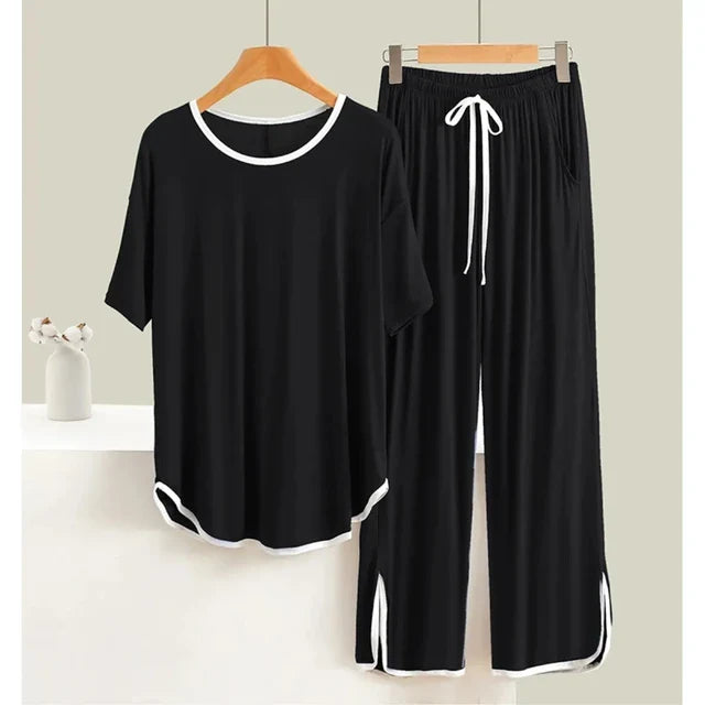 Black White Round Neck Plazzo PJ Set
