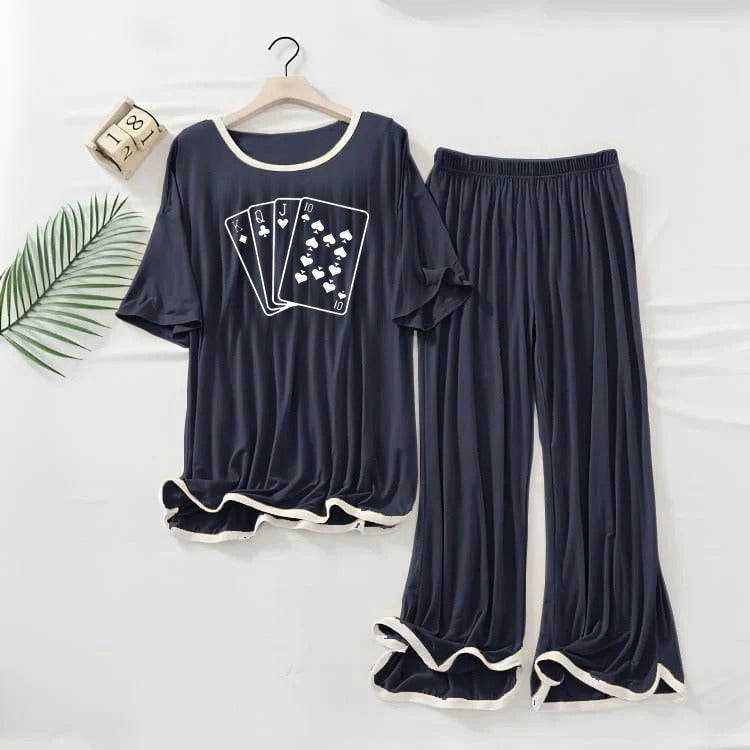 NAVY BLUE White Round Neck Plazzo PJ Set Paying Card Printed Dress (KQJ10)