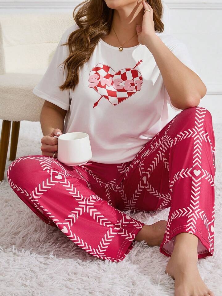 Heart Letter Arrow Print Pajama Set white with pink nightwear for women